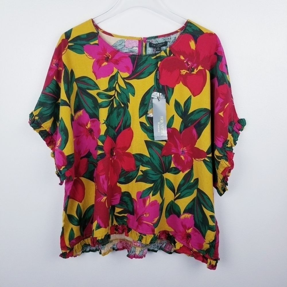 Linen Blend Floral Ruffle Top by For Cynthia NWT 2X